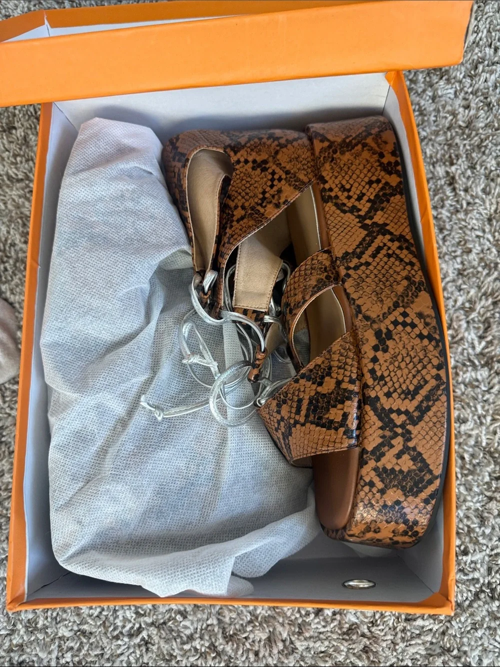 Brown Snake-Print Lace-Up Platform Gladiator Sandals